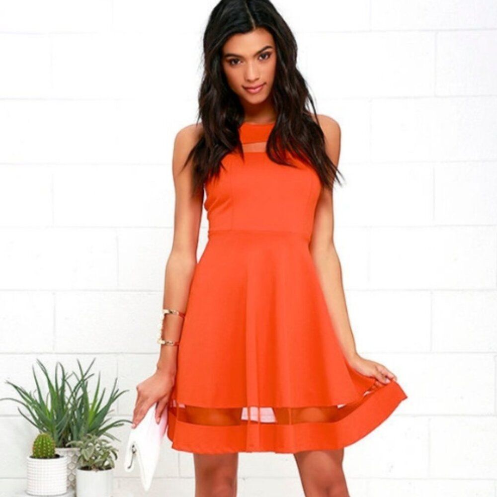 Lulu's | Sleeveless Orange‎ Mesh Skater Dress Medium